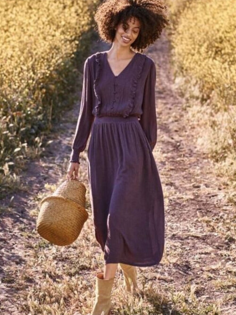 Garnet Hill Ruffle Crêpe Dress Midi Plum Purple Long Sleeve Peasant Small NEW